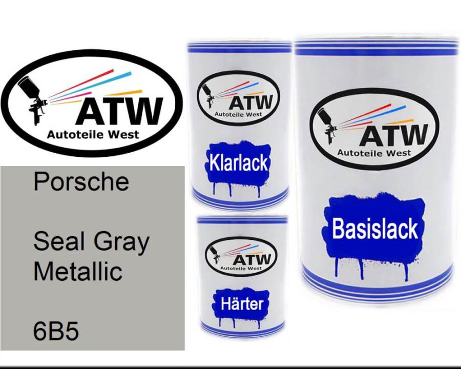 Porsche, Seal Gray Metallic, 6B5: 500ml Lackdose + 500ml Klarlack + 250ml Härter - Set, von ATW Autoteile West.